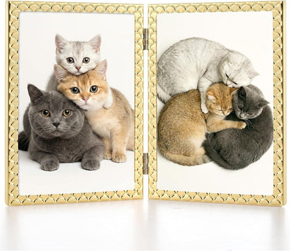 RICHFOCUS Gold 5x7 Floating Picture Frame for Photo 4x6 3.5x5 | 5 x 7 Metal Picture Frames with Double Glass for Tabletop|Modern Photo Frames Wedding|Home Decor