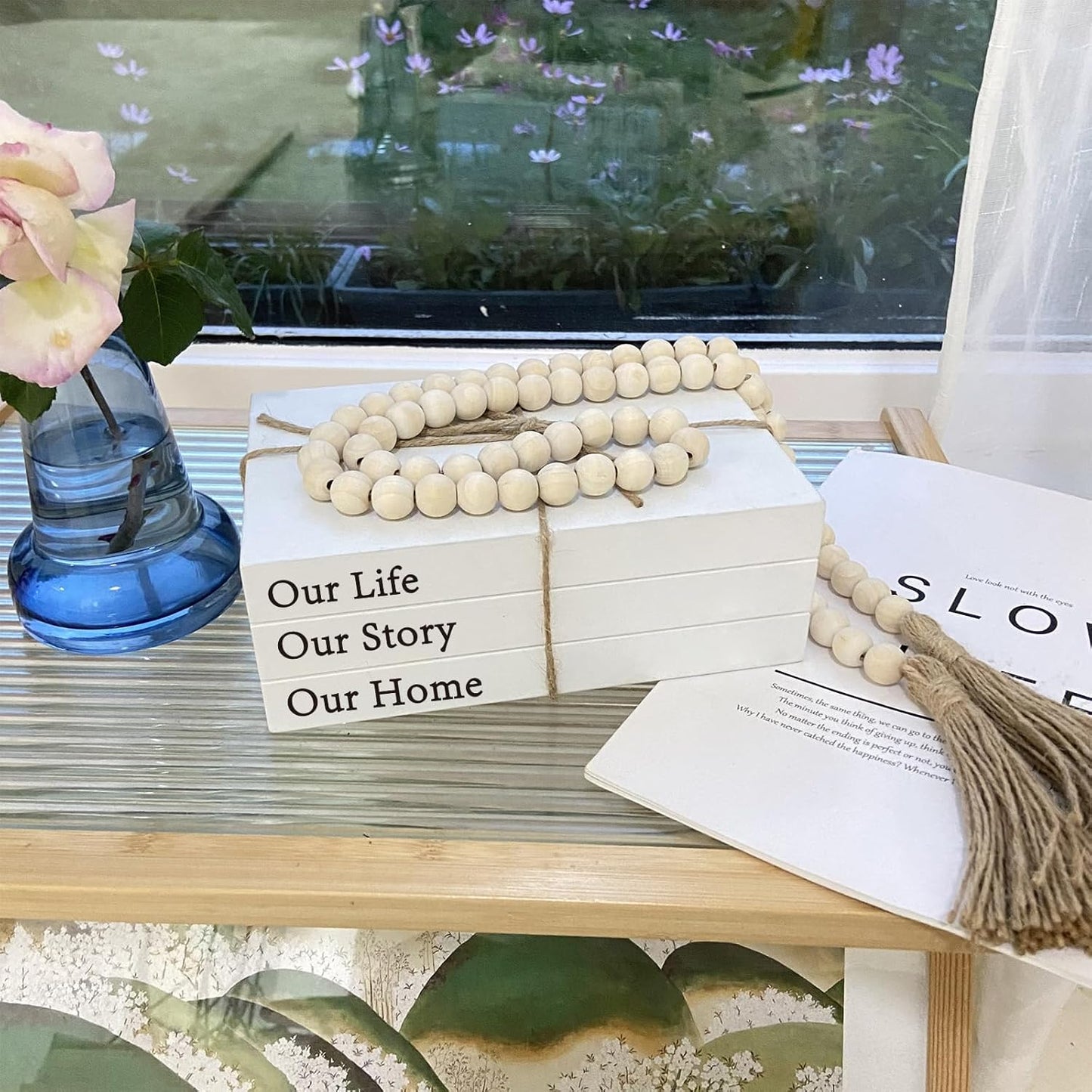 Decorative Books for Home Decor, White Faux Books for Decoration, Rustic Farmhouse Stacked Display Books with 52in Wood Bead Garland for Coffee Tables Living Room (TAKE TIME to DO)