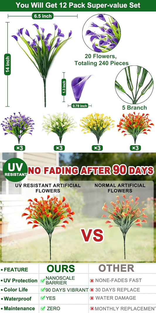 TURNMEON 20 Bundles Calla Lily (400 Heads) Artificial Flowers for Outdoors, Fake Plants UV Resistant Faux Plastic Fake Flowers for Indoor Planter Porch Gardens Home Summer Cemetery Decor(Color Mix)