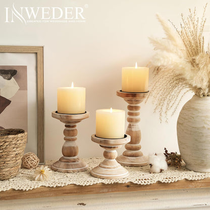 Wood Pillar Candle Holder: 3Pcs Rustic White Candle Holders for Pillar Candles Wood Candle Holders Distressed Wooden Farmhouse Candle Holder Large Rustic Candle Holder for Fireplace Table