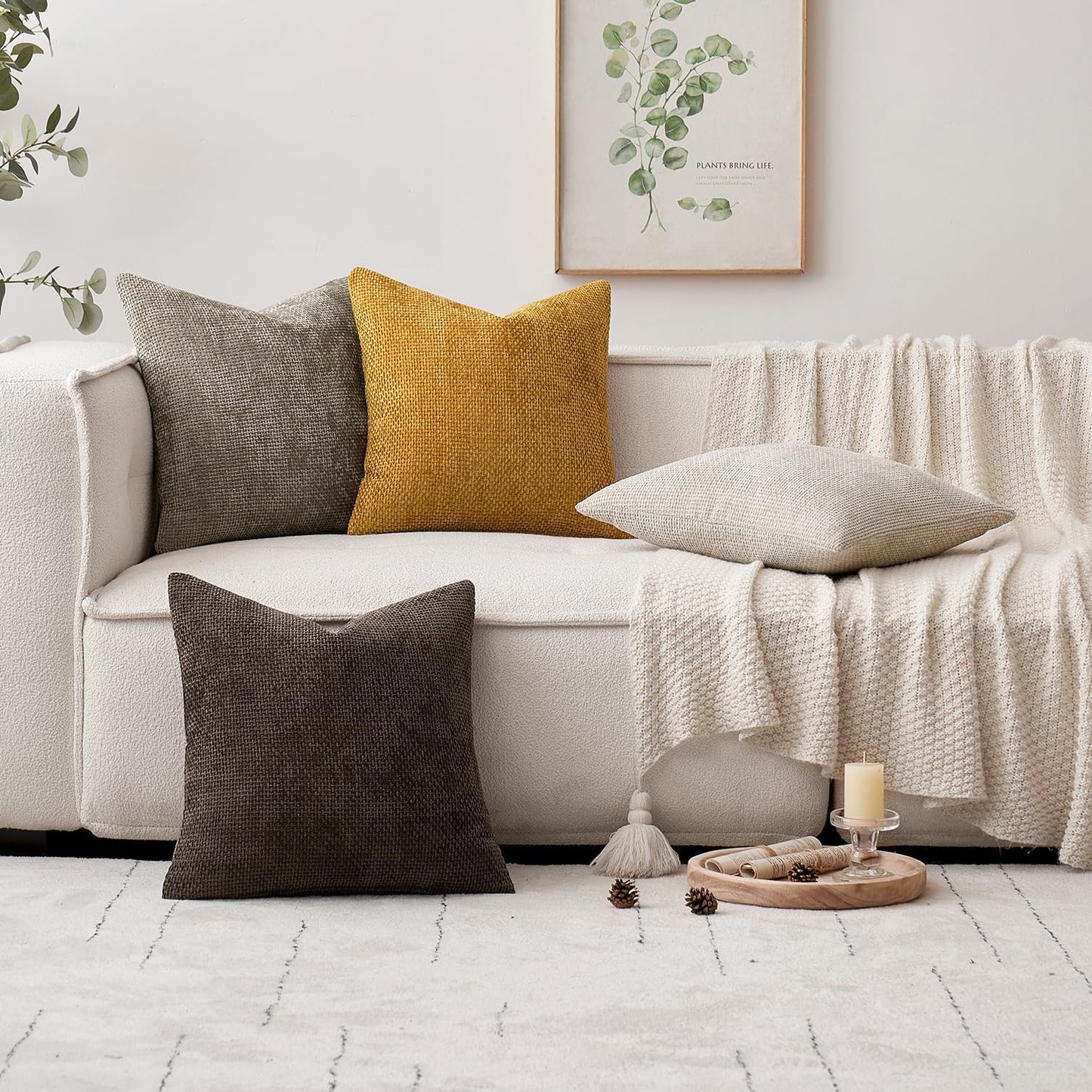 MIULEE Pack of 2 Couch Throw Pillow Covers 18x18 Inch Neutral Beige Modern Boho Accent Decorative Pillow Covers Soft Chenille Farmhouse Cushion Covers for Home Decor Bed Sofa Living Room