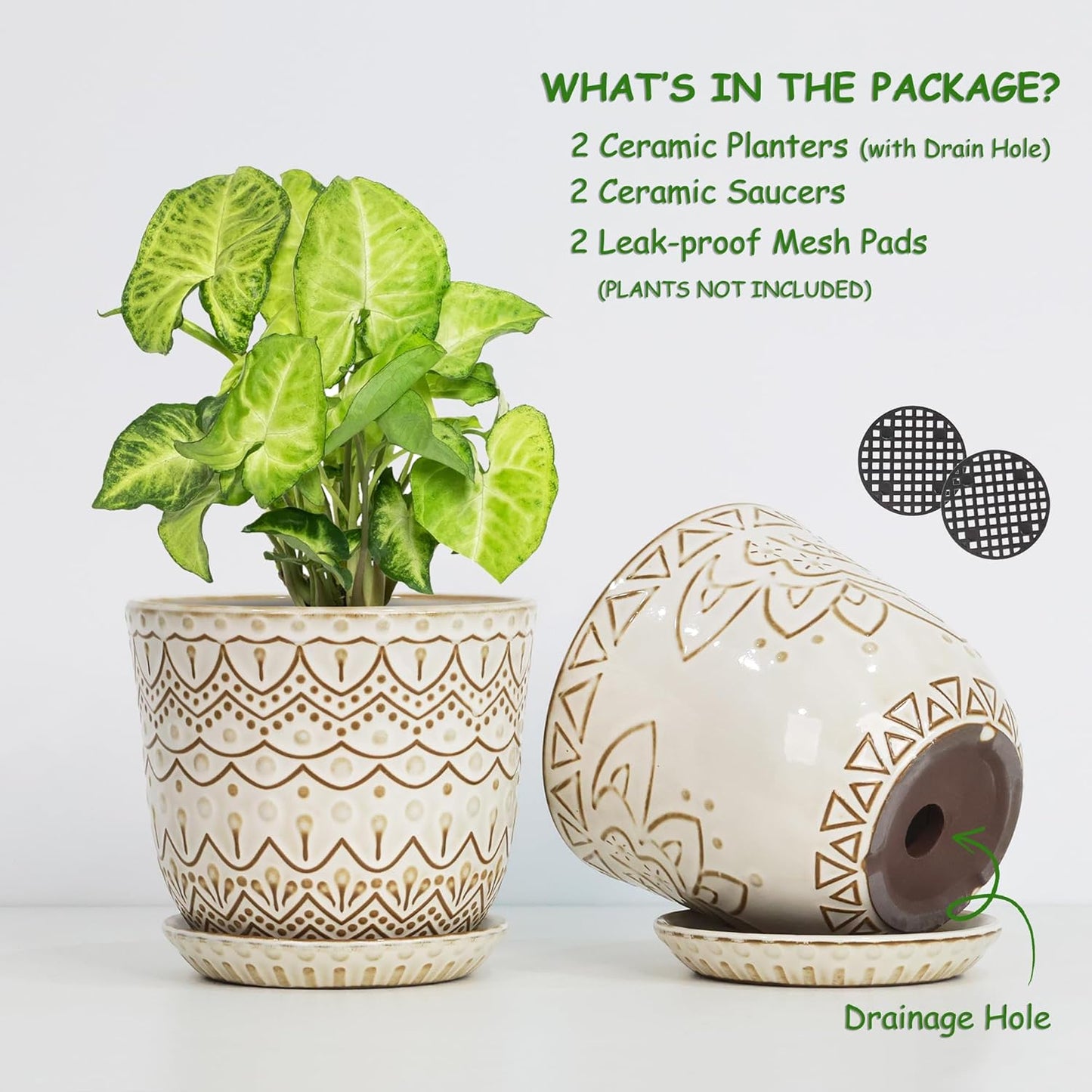Gepege 6 Inch Beaded Ceramic Planter Set of 2 with Drainage Hole and Saucer for Plants, Indoor-Outdoor Large Round Succulent Orchid Flower Pot (Smoked Gray, Inner-pots not Larger Than 5 Inch)