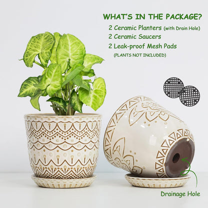 Gepege 6 Inch Beaded Ceramic Planter Set of 2 with Drainage Hole and Saucer for Plants, Indoor-Outdoor Large Round Succulent Orchid Flower Pot (Smoked Gray, Inner-pots not Larger Than 5 Inch)