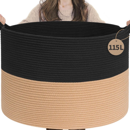 INDRESSME XXXLarge Blanket Basket for Living Room 21.7" x 21.7" x 13.8"-Storage Basket with Handle for Organizing Toy Pillows Woven Cotton Rope Laundry Basket Stuffed Animal Toy Storage for Play Room