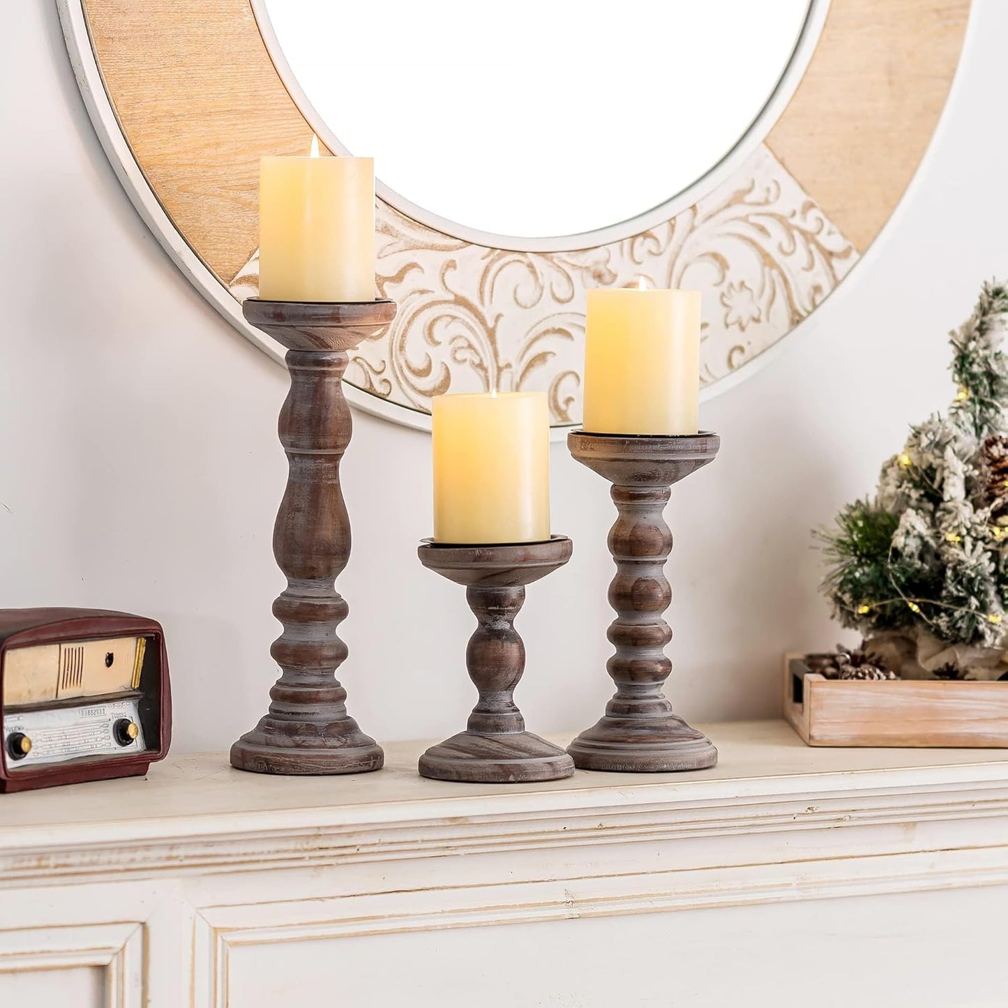 Wood Pillar Candle Holder: 3Pcs Rustic White Candle Holders for Pillar Candles Wood Candle Holders Distressed Wooden Farmhouse Candle Holder Large Rustic Candle Holder for Fireplace Table