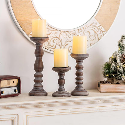 Wood Pillar Candle Holder: 3Pcs Rustic White Candle Holders for Pillar Candles Wood Candle Holders Distressed Wooden Farmhouse Candle Holder Large Rustic Candle Holder for Fireplace Table