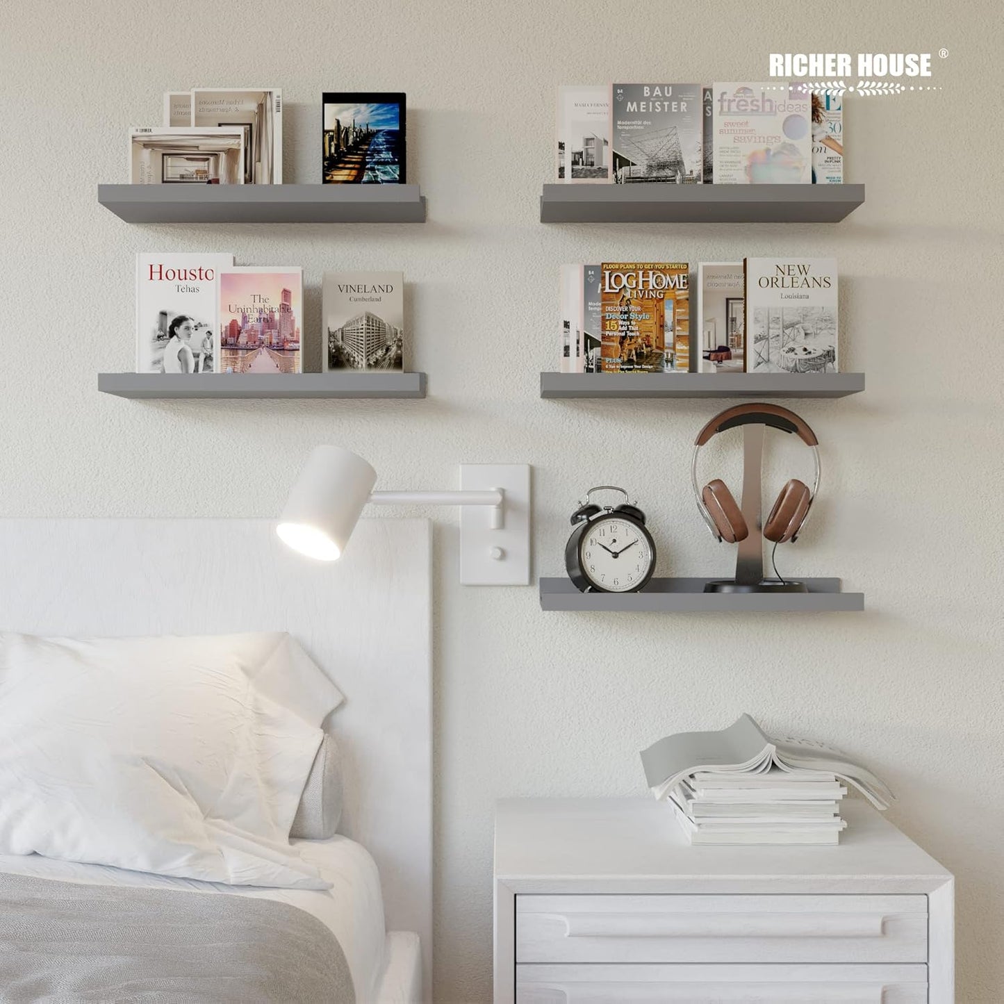 RICHER HOUSE 5 Set Floating Wall Mounted Shelves, Black Shelves for Wall Decor, Modern Picture Ledge Shelf with Lip for Storage, Nursery, Bedroom, Living Room, Bathroom - Black