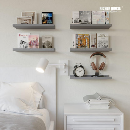 RICHER HOUSE 5 Set Floating Wall Mounted Shelves, Black Shelves for Wall Decor, Modern Picture Ledge Shelf with Lip for Storage, Nursery, Bedroom, Living Room, Bathroom - Black
