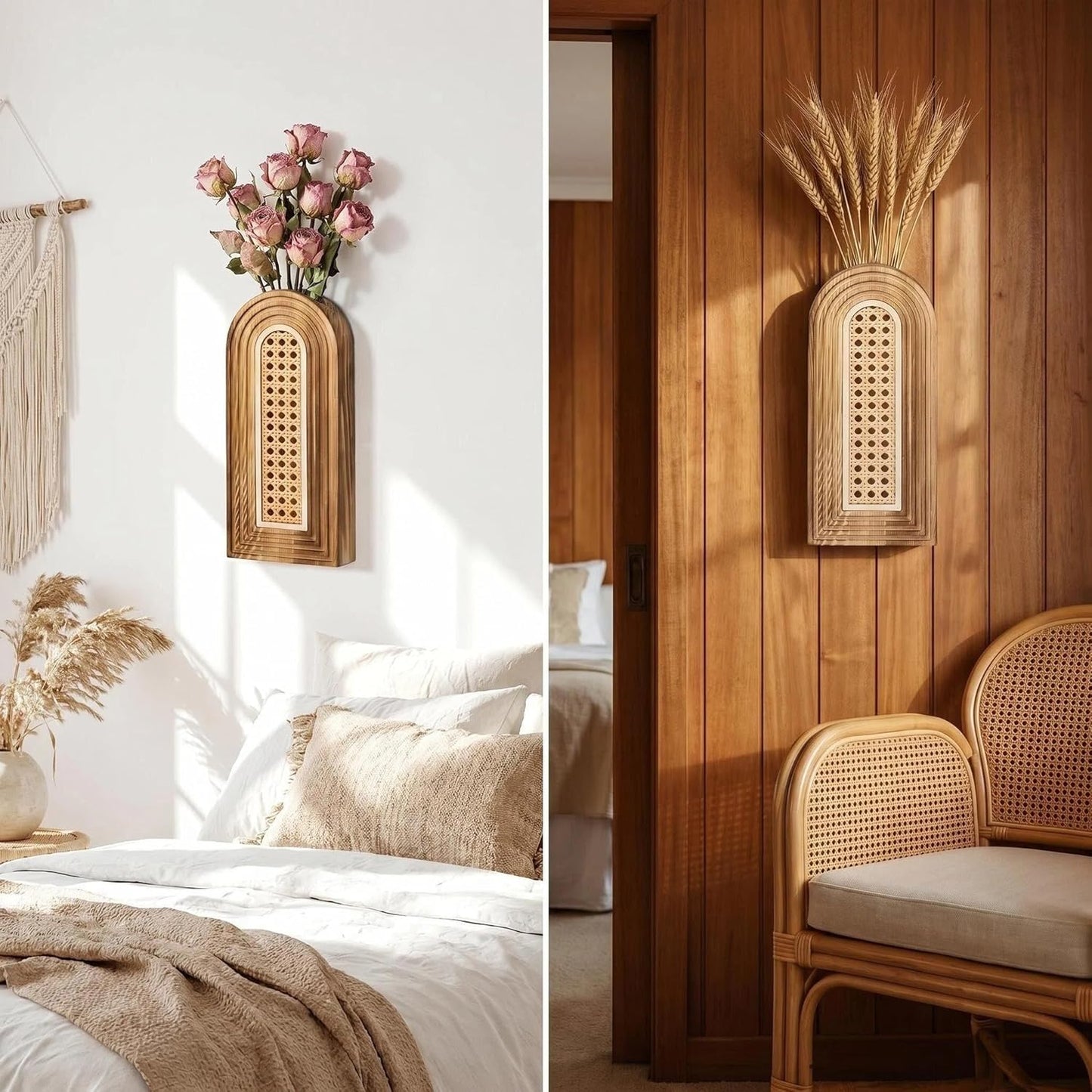 Dnnnii 2 Pack Wooden Wall Vase Set - Brown Finish Modern Farmhouse & Boho Wall Decor for Entryway, Hallway, Bathroom, Living Room, Dining Room, Narrow Spaces