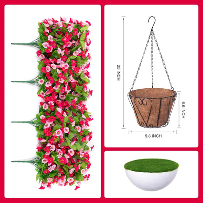 INXUGAO Artificial Flowers with Hanging Basket, Outdoor Faux Plants Silk Morning Glory Vines, Fake Green Arrangement for Garden Patio Spring Summer Decor(4pcs,Darkorchid)