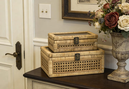 HUAXIN CRAFT H Rattan Decorative Box with Lid, Rectangular Woven with Glass for Display, Set of 2 Wicker for Decor