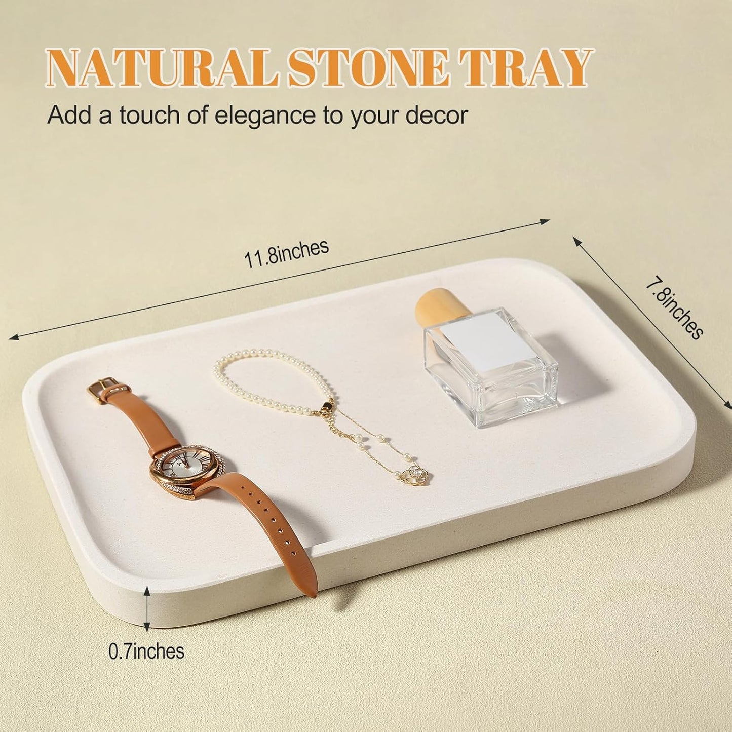 Koville Romano Travertine Tray, 12"x8" Natural Stone Vanity Tray for Countertop Bathroom Kitchen Dresser, Decorative Marble Catchall Trays for Perfume Jewelry, Rectangular Serving Tray(Beige)