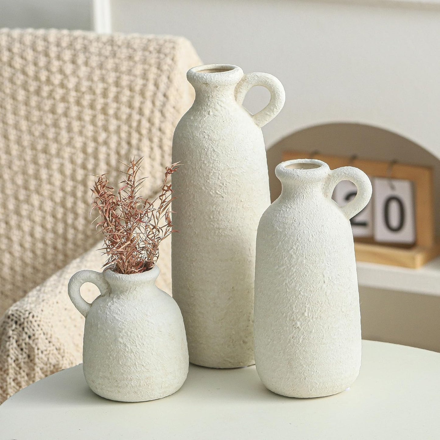 Ceramic Vase Set of 3 | Neutral Vase Home Decor with Handle | Pottery Modern Farmhouse Vases Pampas Grass Flower Vases for Home Decor Table Living Room Centerpieces Mantel Decor - Multicolor