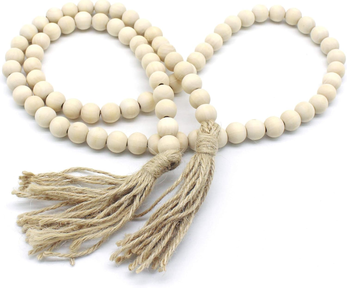CVHOMEDECO. Wood Beads Garland with Tassels Farmhouse Rustic Wooden Prayer Bead String Wall Hanging Accent for Home Festival Decor. Mix Distressed