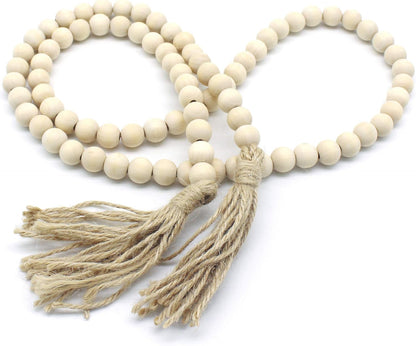 CVHOMEDECO. Wood Beads Garland with Tassels Farmhouse Rustic Wooden Prayer Bead String Wall Hanging Accent for Home Festival Decor. Mix Distressed