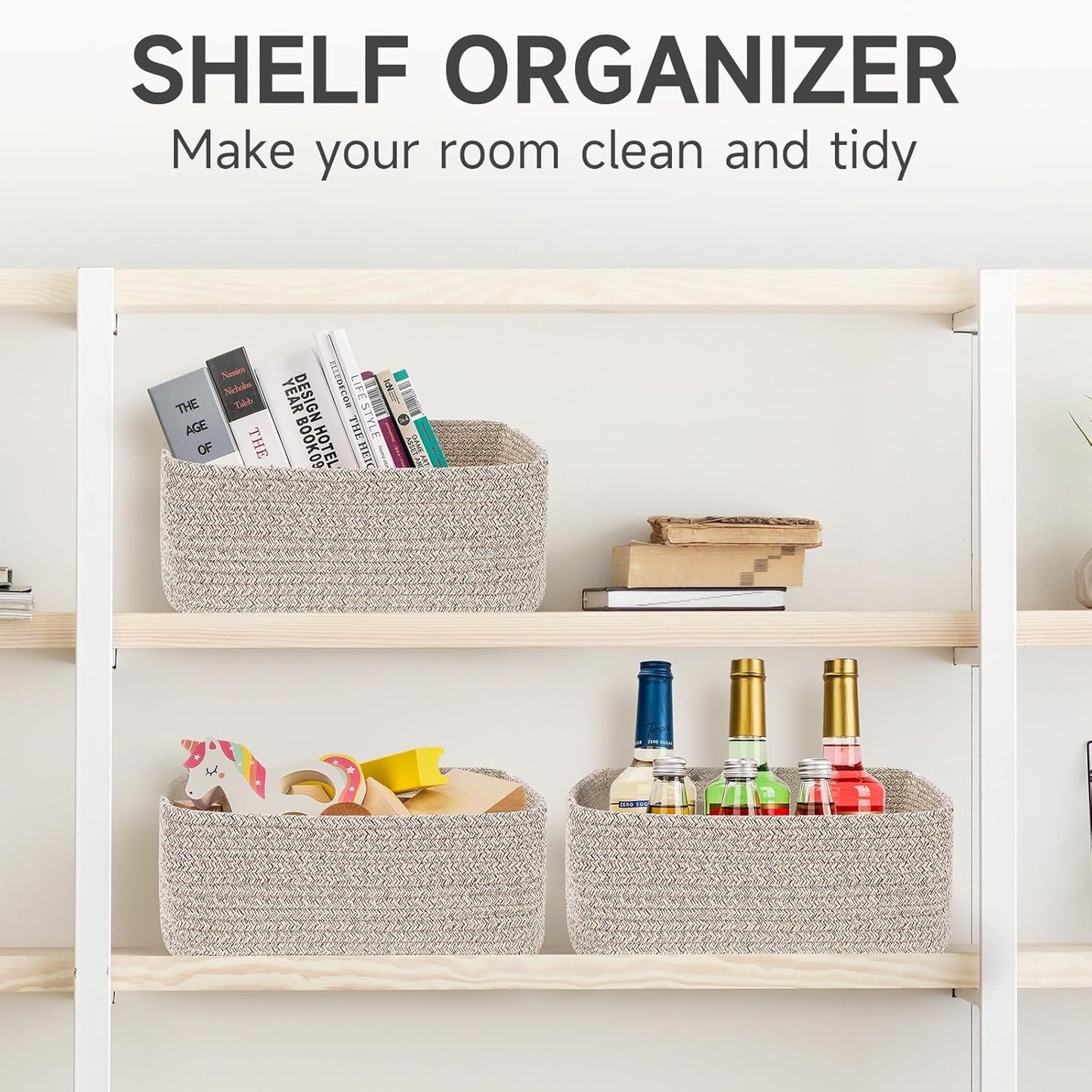 3-Pack Small Storage Baskets for Organizing | Woven Shelf Toy Basket | Rope Baskets for Gifts Empty | Closet Organizer Bins with Handles | Cube Decorative Box | 11.8×7.8×5.1” | Mixed brown