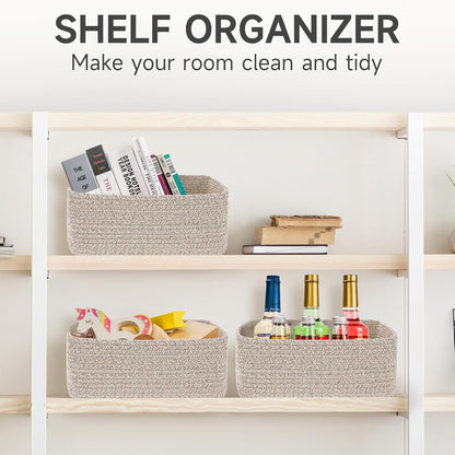 3-Pack Small Storage Baskets for Organizing | Woven Shelf Toy Basket | Rope Baskets for Gifts Empty | Closet Organizer Bins with Handles | Cube Decorative Box | 11.8×7.8×5.1” | Mixed brown
