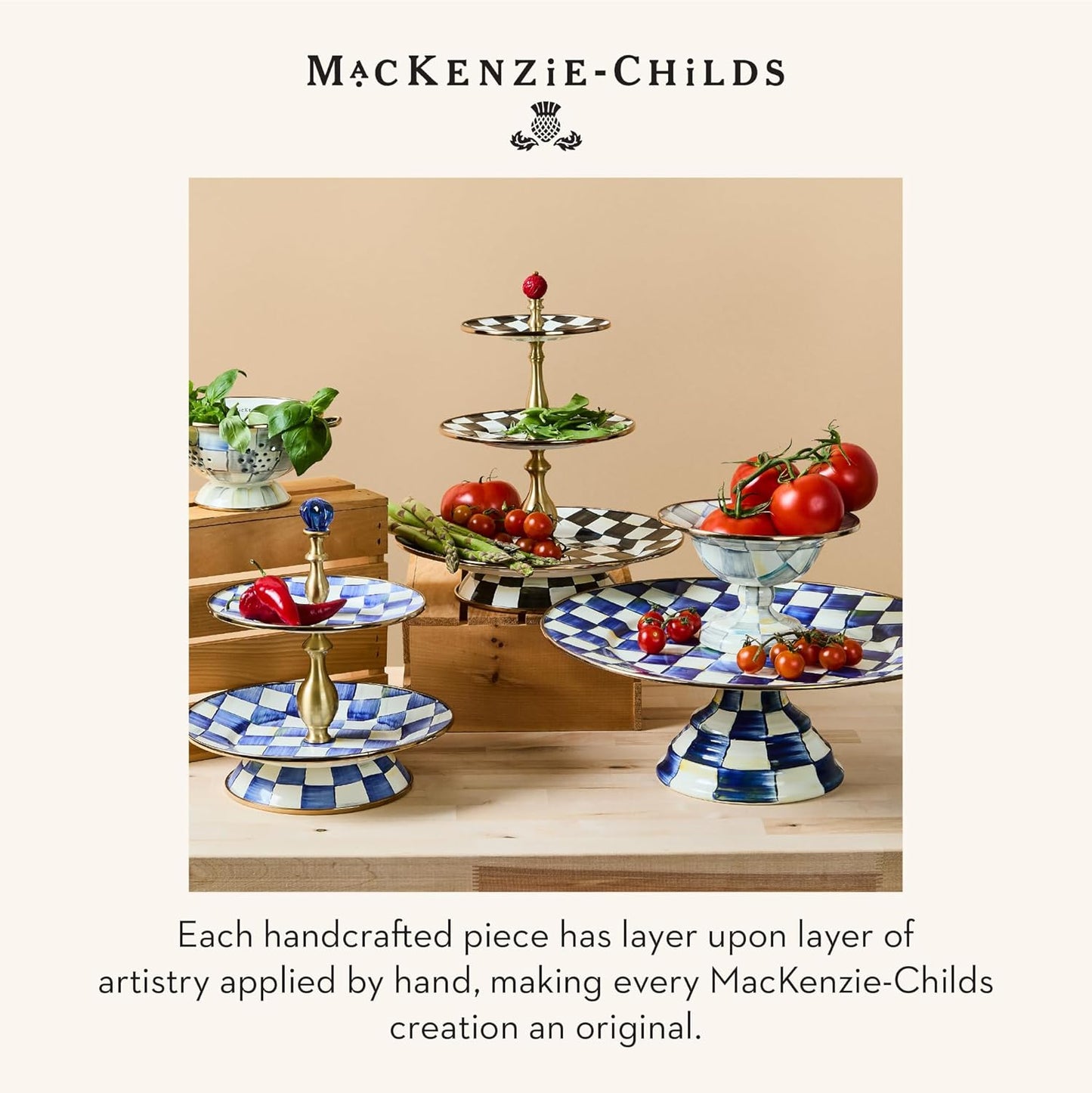 MACKENZIE-CHILDS Enamel Pedestal Serving Platter, Decorative Serving Dish for Food, Small, Black-and-White Courtly Check