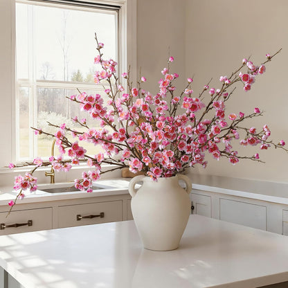 florisso 6 PCS Artificial Cherry Blossom Branches Spring Indoor Decoration, Faux Flowers 34.45" Long Stems Plum Fake Peach Plants Real Touch Silk for Wedding Home Bedroom Party Table Office, White