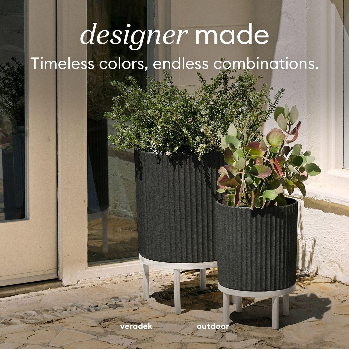 Veradek Demi Series Round Planter w/ Stand for Porch/Patio | Durable Plastic-Concrete & Wooden Stand | Modern Décor for Tall Plants, Flowers