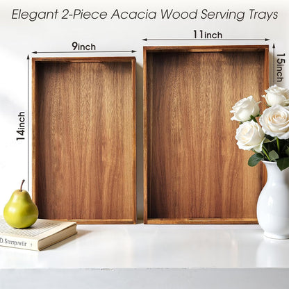 Acacia Serving Trays - 2 Pack, Acacia Wood Serving Platterss, Wood Serving Tray, Decorative Trays for Breakfast, Brunch, Dinner, Coffee Table, Party, Kitchen-M