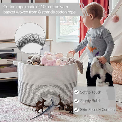 INDRESSME XXXLarge Blanket Basket for Living Room 21.7" x 21.7" x 13.8"-Storage Basket with Handle for Organizing Toy Pillows Woven Cotton Rope Laundry Basket Stuffed Animal Toy Storage for Play Room