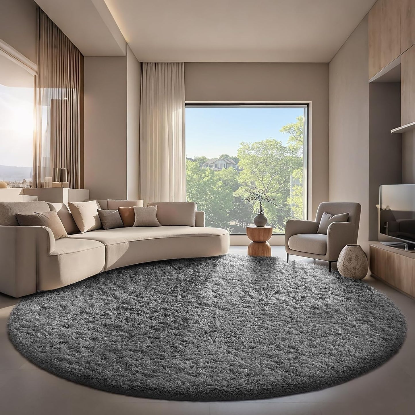 Ophanie Round Rugs 5Ft Ivory Circle Area Rug, Nursery Room Decor, Christmas Aesthetic Bedroom Home Circular Carpet 5 Foot, Fluffy Fuzzy Shag Plush Cream Living Room Rugs for Kids Boys Girls Teen Baby