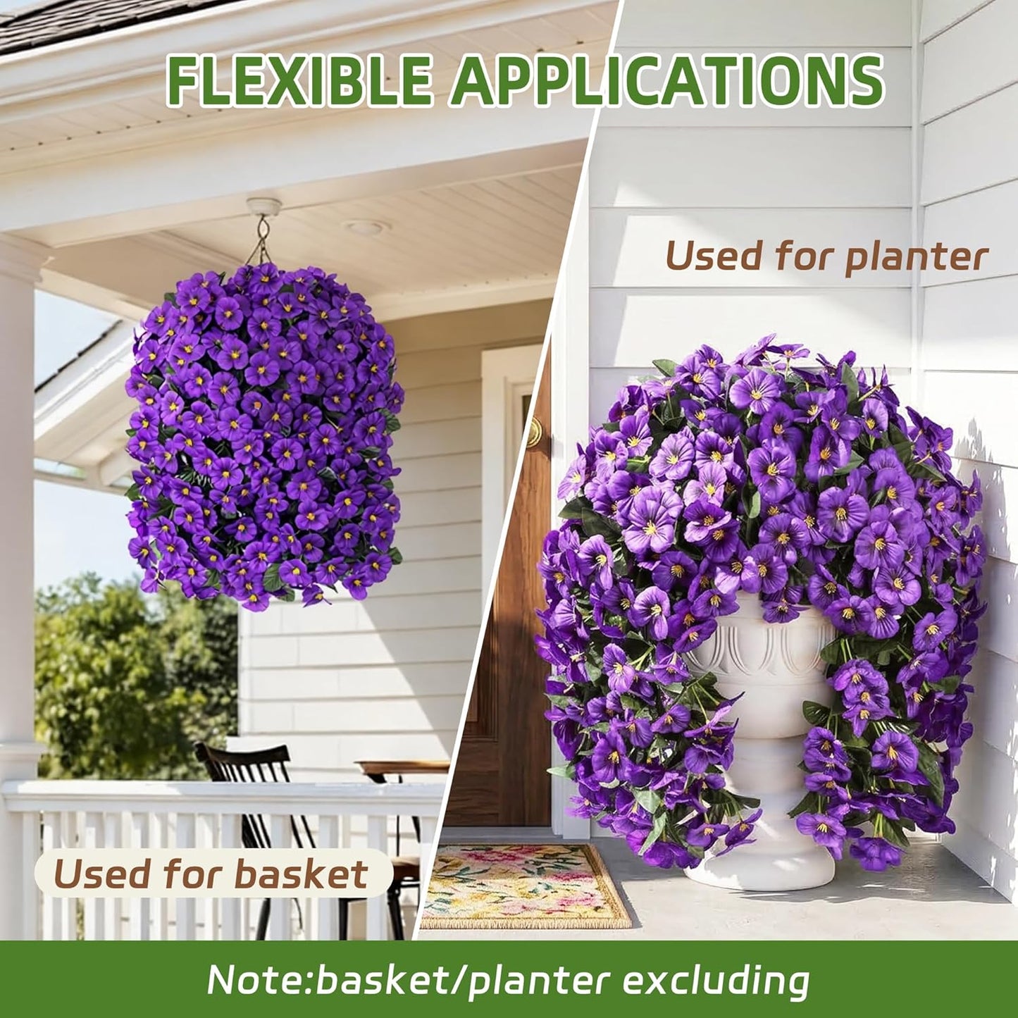 HyeFlora Artificial Flowers for Outdoors, 2pcs Faux Silk Pansies Flowers UV Resistant Fake Hanging Flower Plants for Outside Planters Porch Yard Patio Window Box (Mix Purple)