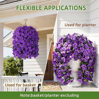 HyeFlora Artificial Flowers for Outdoors, 2pcs Faux Silk Pansies Flowers UV Resistant Fake Hanging Flower Plants for Outside Planters Porch Yard Patio Window Box (Mix Purple)