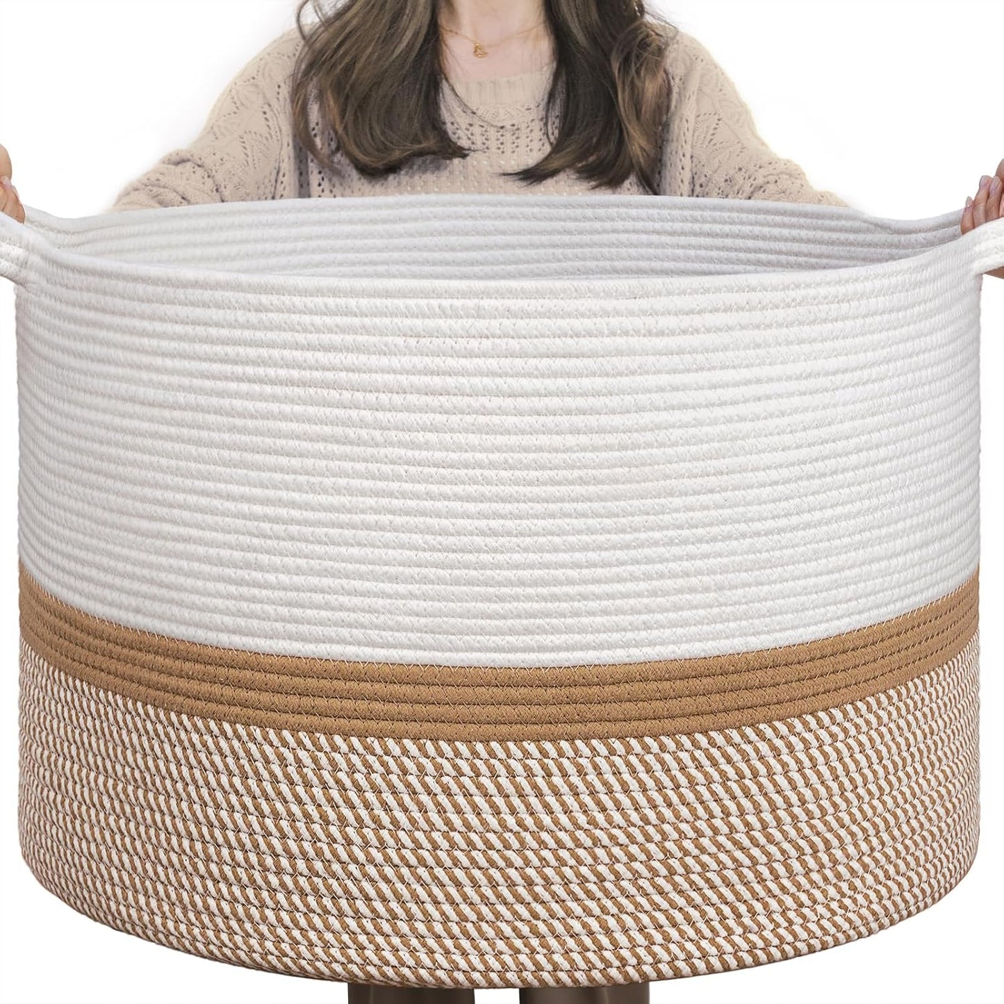 INDRESSME XXXLarge Blanket Basket for Living Room 21.7" x 21.7" x 13.8"-Storage Basket with Handle for Organizing Toy Pillows Woven Cotton Rope Laundry Basket Stuffed Animal Toy Storage for Play Room
