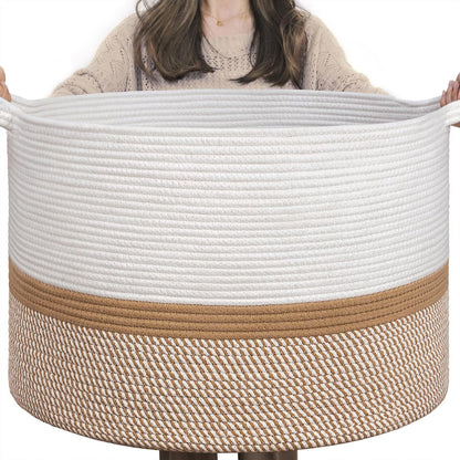 INDRESSME XXXLarge Blanket Basket for Living Room 21.7" x 21.7" x 13.8"-Storage Basket with Handle for Organizing Toy Pillows Woven Cotton Rope Laundry Basket Stuffed Animal Toy Storage for Play Room