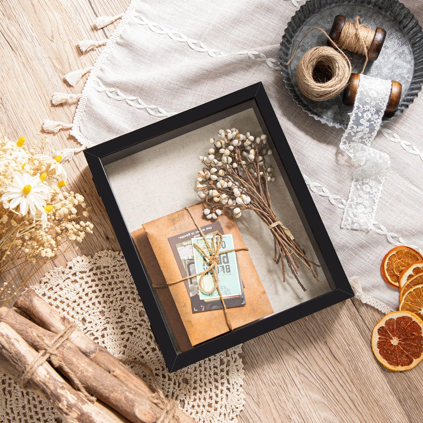 Califortree 8x10 Shadow Box Frame with Linen Back - Sturdy Rustic Memory Display Case of Flower, Pictures, Medals and More, White