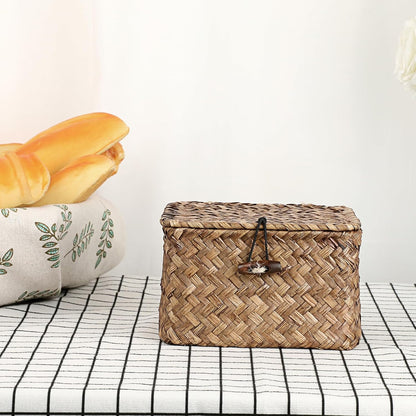 Hipiwe Seagrass Basket with Lid Wicker Storage Basket Square Handwoven Decorative Baskets Box for Shelf Multipurpose Household Baskets Home Decor,X-small
