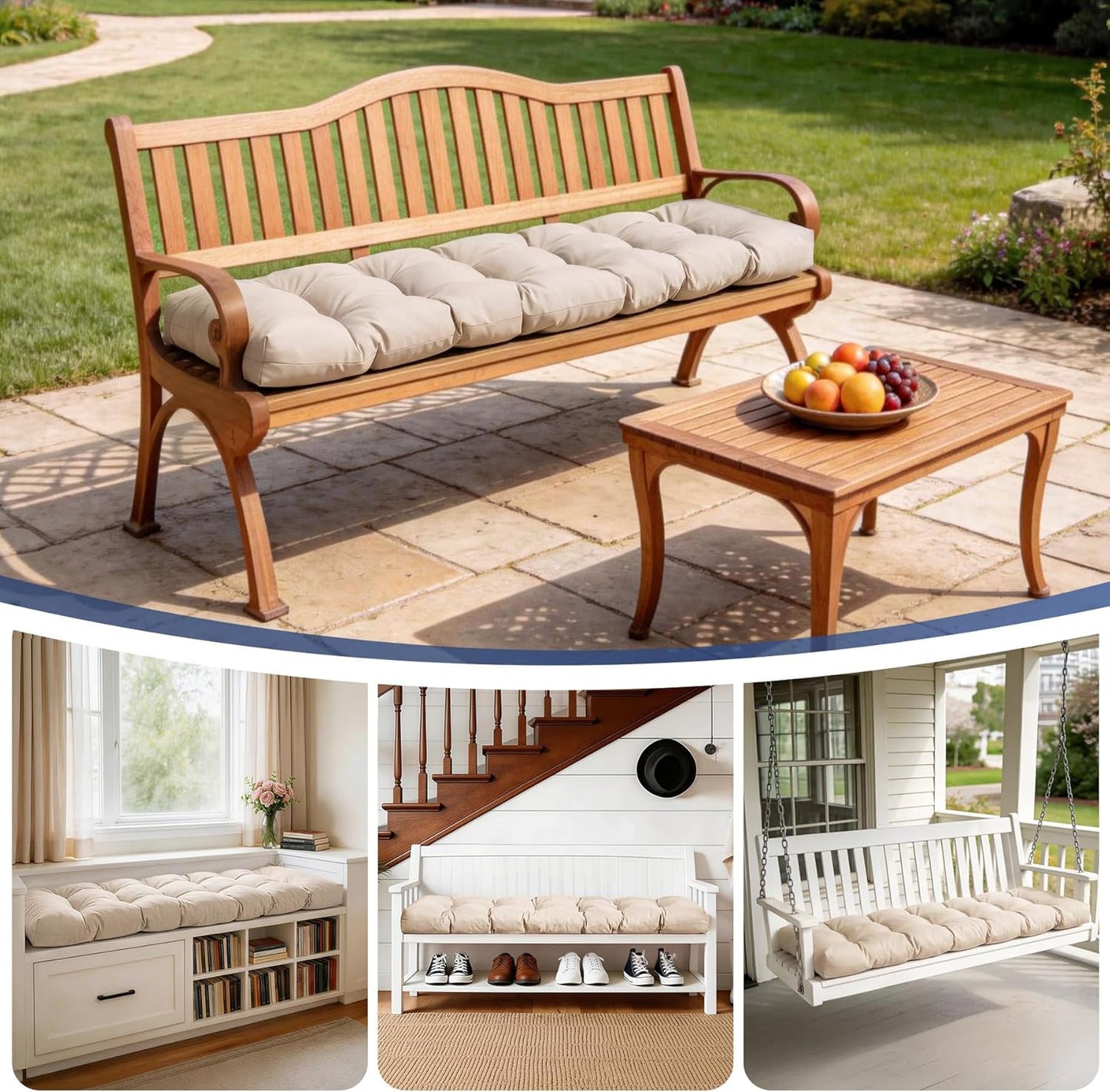 IASEAHK Outdoor Bench Cushion 48x18x5 Inch, Waterproof & Fade-Resistant Patio Furniture Cushions, Tufted Memory Foam Indoor/Outdoor Cushions for Couch Swing with Non-Slip Backing & Straps, Dark Grey