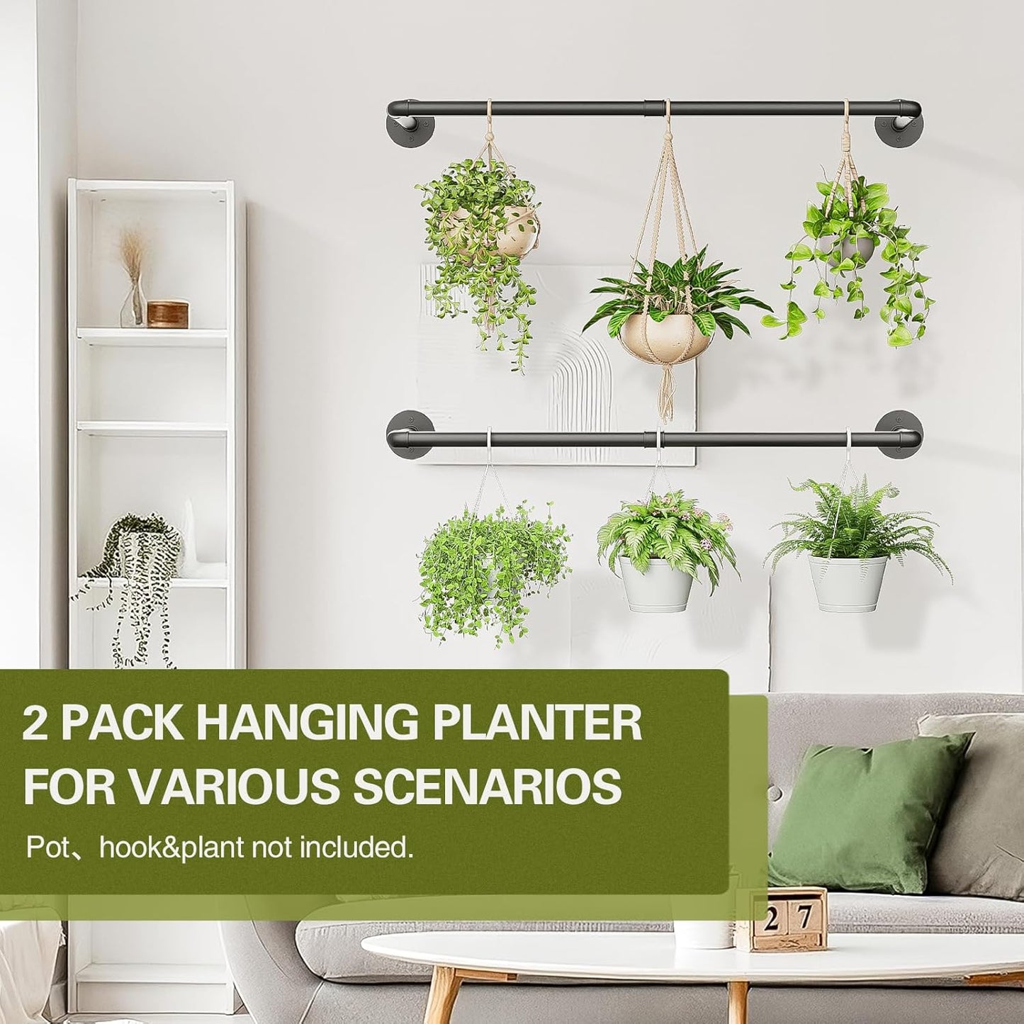 Galood Plant Hanger Indoor with 6 Hanging Chains Hanging Planters for Indoor Plants Hanging Plant Holder Window Plants Rod Black Metal Shelves(70.8 Inch Pot not Included