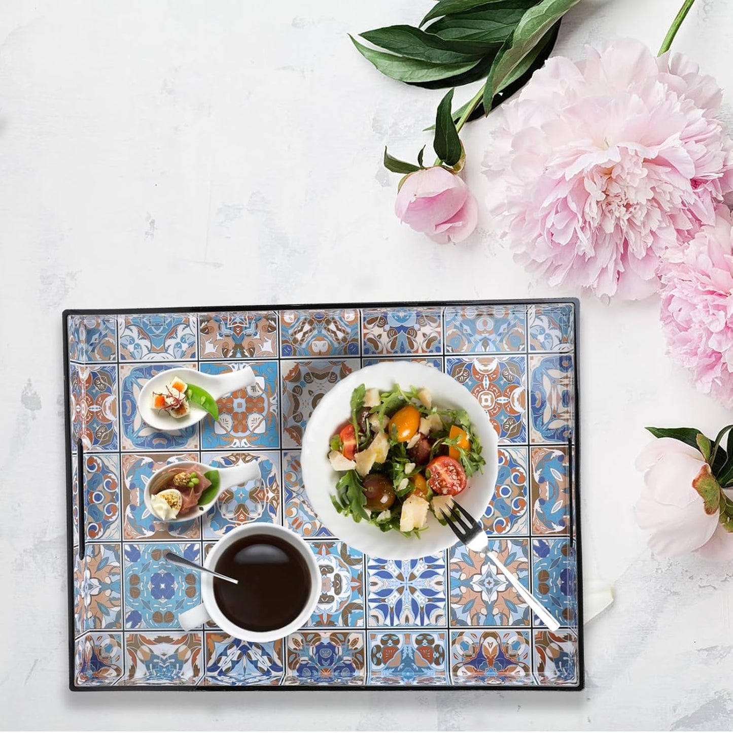 Spsyrine Serving Tray with Handles, Plastic Decorative Tray for Coffee Table, Living Room, Home Decor, Dianthus