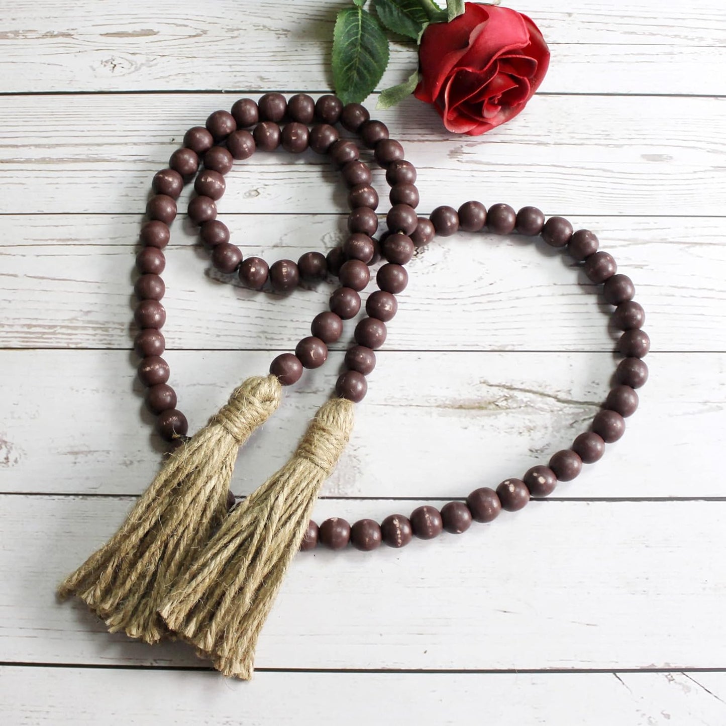 CVHOMEDECO. Wood Beads Garland with Tassels Farmhouse Rustic Wooden Prayer Bead String Wall Hanging Accent for Home Festival Decor. Mix Distressed