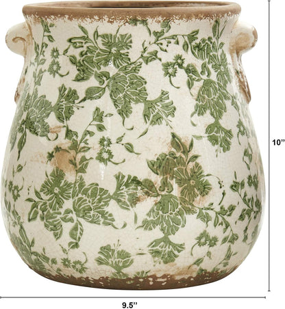 Nearly Natural 6.5in Ceramic Decorative Vase Tuscan Style Green Floral Scroll Design for Indoor Home Decor Centerpieces Tables Small Flower Vases