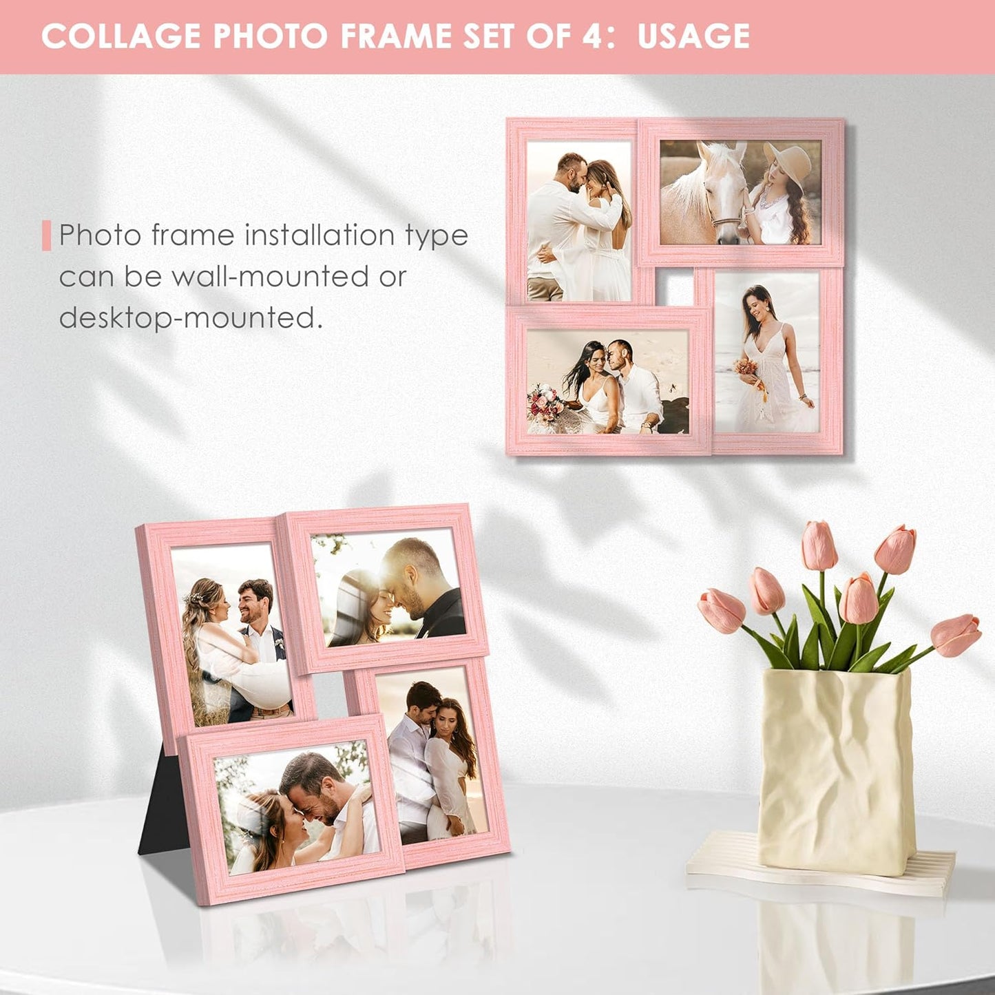 DUENPY 4x6 Collage Picture Frame Tempered Glass Front, Displays Four 4x6 Photo, Family Photo Collage Frame, Wall Decor Wall Hanging or Tabletop, Brown