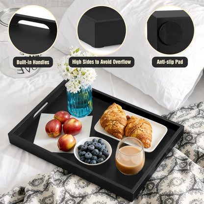 17 Inch Acacia Wood Serving Tray with Handles - Large Wooden Tray for Ottoman, Breakfast in Bed, Dinner, Coffee Table - Decorative Rectangular Tray for Living Room Bedroom Entryway and Kitchen