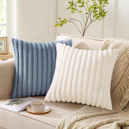 Pallene Faux Fur Plush Throw Pillow Covers 18x18 Set of 2, Luxury Soft Fluffy Striped Decorative Pillow Covers for Sofa, Couch, Living Room, Cream White