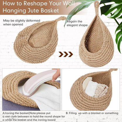 Honeydak Boho Decor Hanging Wall Baskets for Kitchen 3 Pack Teardrop Baskets with Hooks Storage Fruit Onion Vegetable Potato for Home 3 Sizes(Linen,Teardrop,Jute)