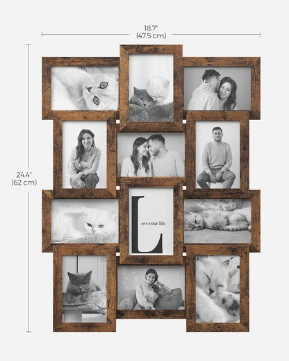 SONGMICS Collage Picture Frames, 4x6 for Wall Decor, Multi Family Photo for Gallery Decor, Hanging Display, Set of 12, Rustic Brown URPF026X01