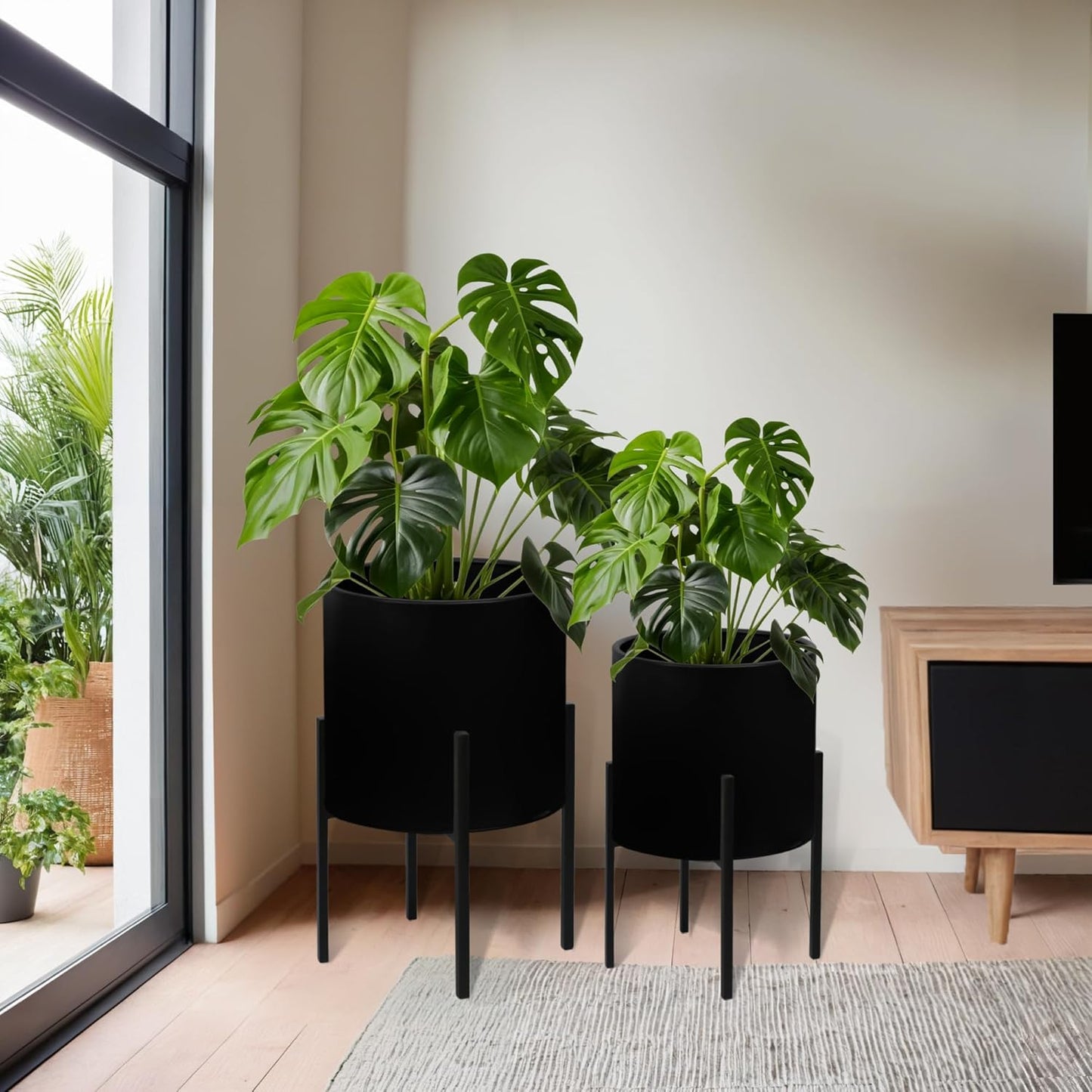 ARNIS Modern Plant Pots, Set of 2 Large Planters with Stand, Decorative Planters, Metal Pots with Drainage Holes for Living Room, Office, Garden or Balcony, 8.25 &10.5 Inch, Dirt