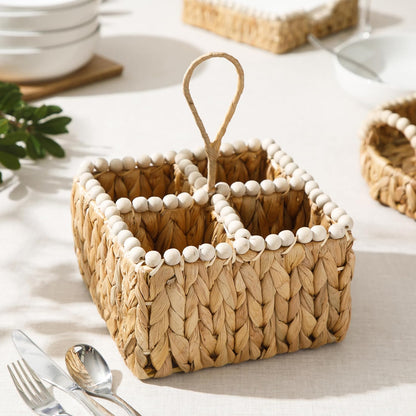 Gibson Home Riverrun Grove 17" Woven Decorative Serving Tray – Large Natural Water Hyacinth Basket w/Wood-Bead Trim & Handles for Coffee Table Décor, Ottomans, Centerpieces & Kitchen Counter Display