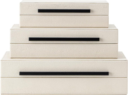 XIGEXIGE Set of 3 Beige Shagreen Decorative Storage Boxes with Black Metal Handles –Faux Leather Large Modern Stackable Nesting Jewelry Box with Lids Organizer