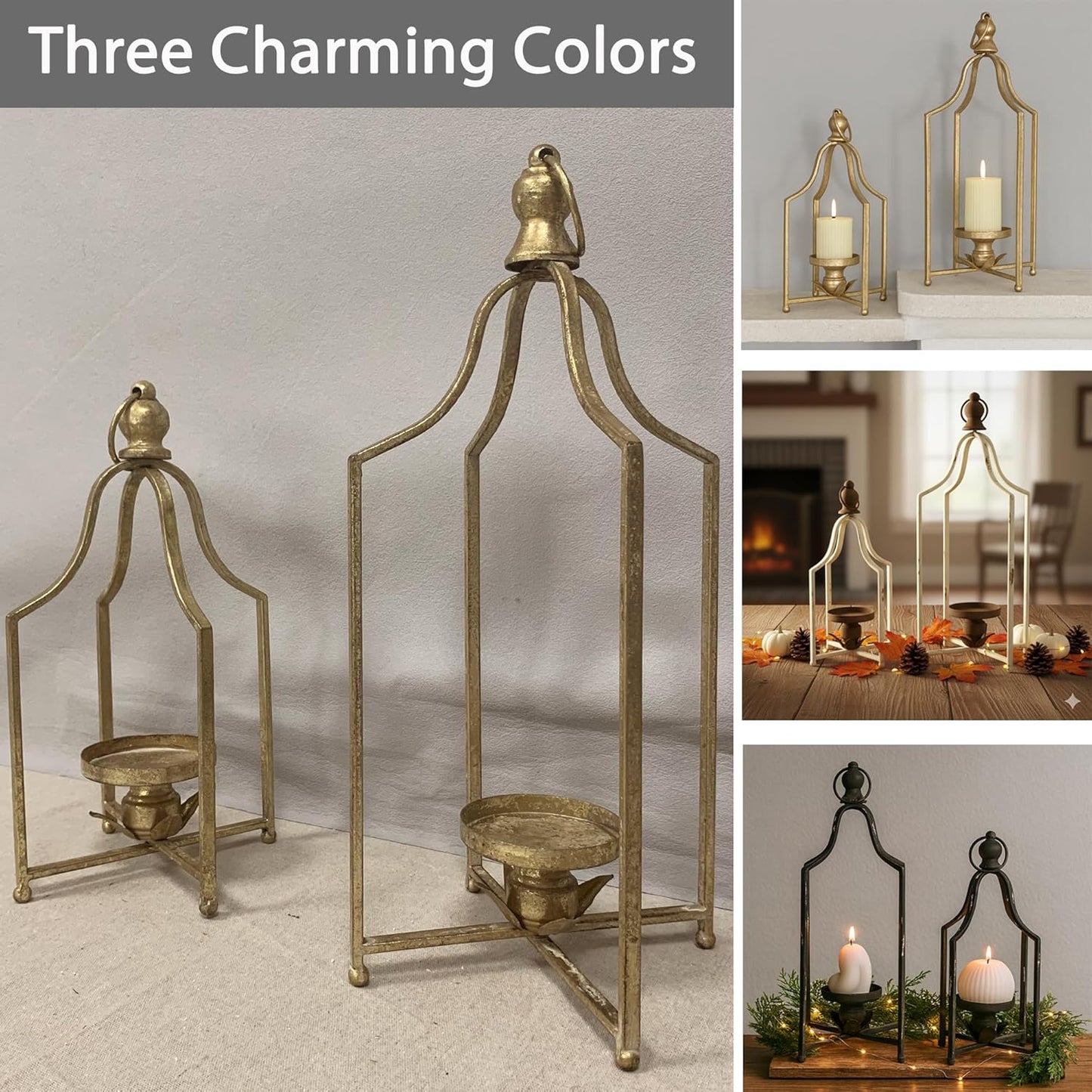 12.5" & 16.5" Timeless Cozy Decorative Lanterns Set of 2, Handcrafted Metal Iron Candle Holders, Farmhouse Elegance Fireplace Mantel Table Festive Gatherings Decor (Antique Gold)