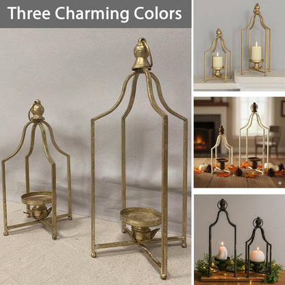 12.5" & 16.5" Timeless Cozy Decorative Lanterns Set of 2, Handcrafted Metal Iron Candle Holders, Farmhouse Elegance Fireplace Mantel Table Festive Gatherings Decor (Antique Gold)