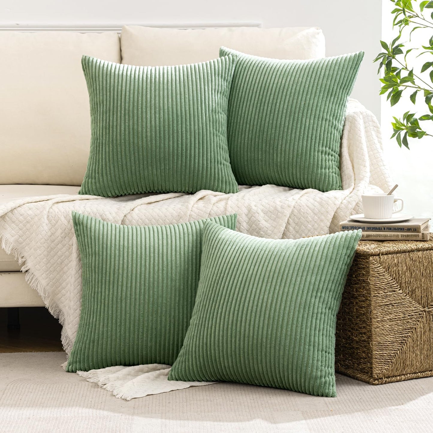 MIULEE Boho Farmhouse Sage Green Throw Pillow Covers 18x18 Inch Set of 4 Mordern Nordic Cushion Covers Soft Corduroy Spring Home Decor for Couch Bed Sofa Living Room Forest Green