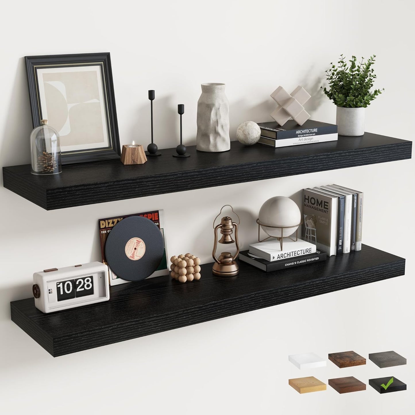 72 Inch Long Floating Shelves for Wall Set of 2, 12"D Wood Grain Bathroom Shelves with Invisible Brackets, Easy Install Engineered Wood Storage Shelves for Kitchen, Living Room, Bedroom, Black Finish
